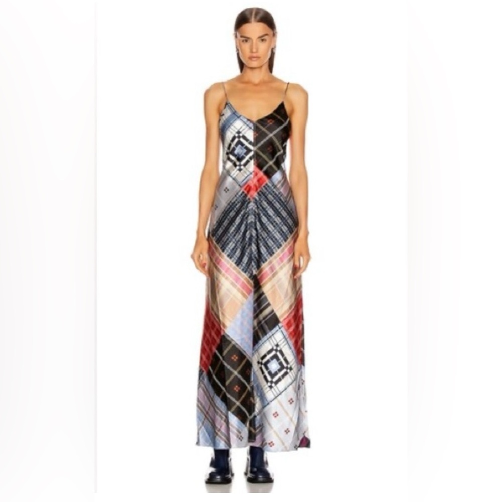 HARD TO FIND RARE GANNI PATCHWORK PLAID MAXI DRESS SILK SLIP DRESS SZ MEDIUM 8